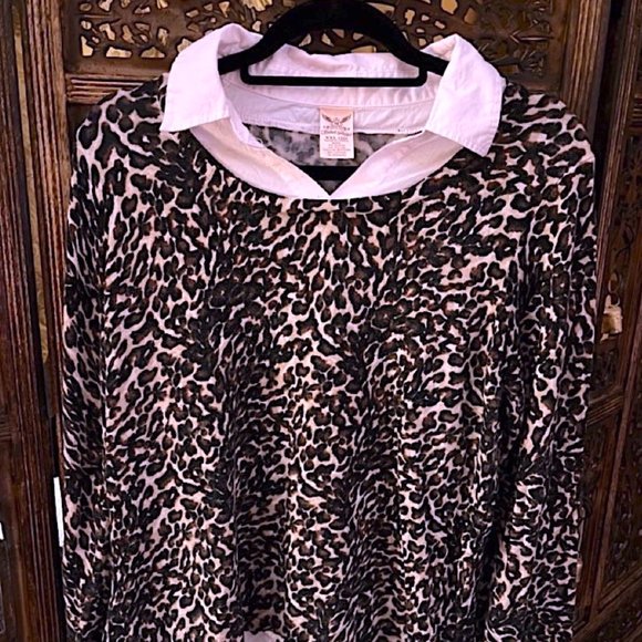 FADED GLORY BLACK AND BROWN LEOPARD SWEATER WITH WHITE COLLARED TOP XXL SIZE 20 - Picture 1 of 4